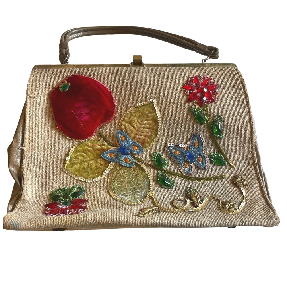 Vintage 60s Burlap Box Bag Jewel Butterfly Apple Enid Collins Style Tan Satchel